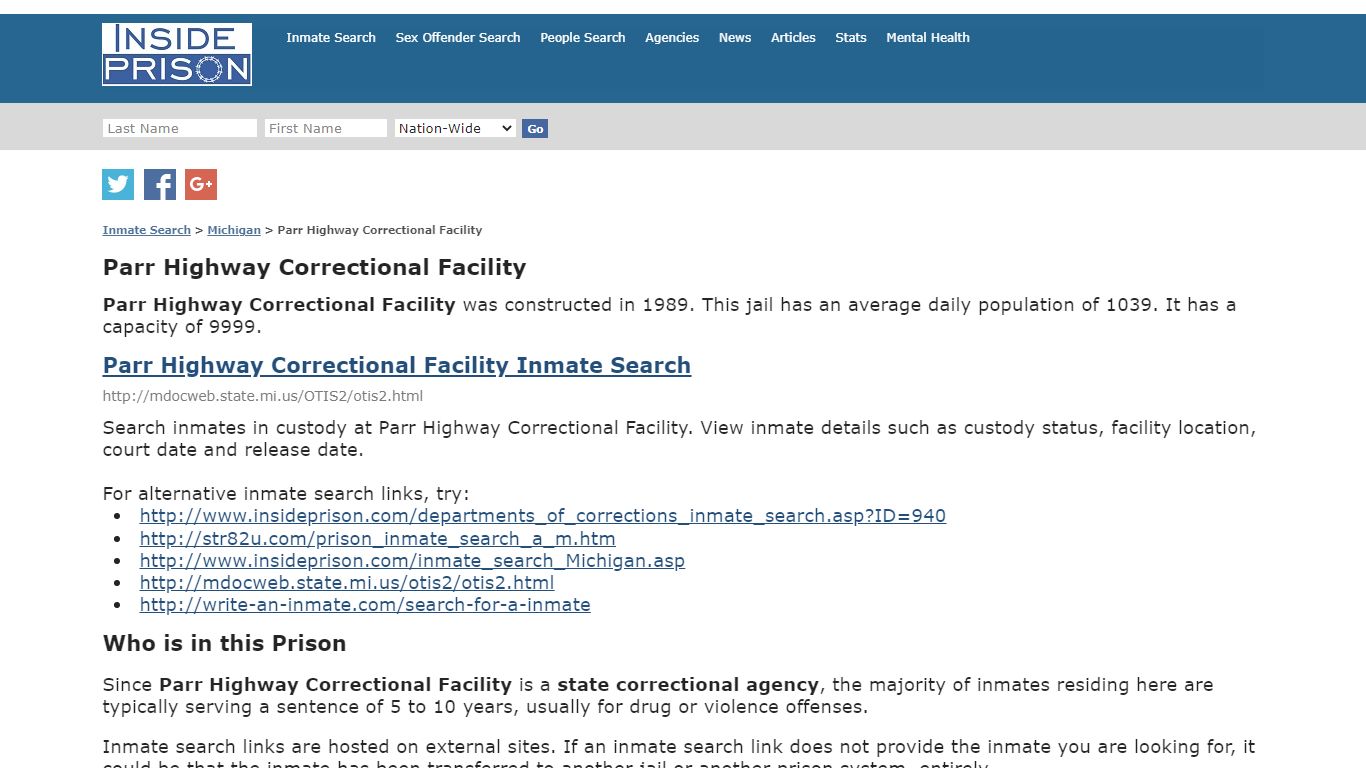 Parr Highway Correctional Facility - Michigan - Inmate Search